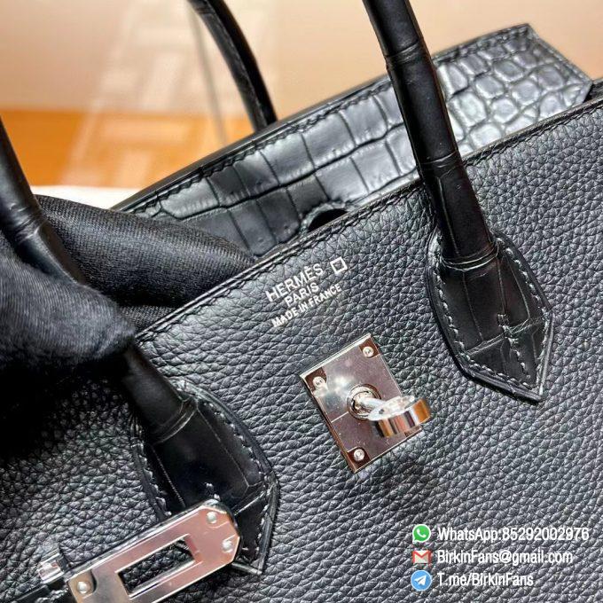 High Clone Birkin Handbag 25cm Black Nior 89 Togo Leather Silver Plaque 06