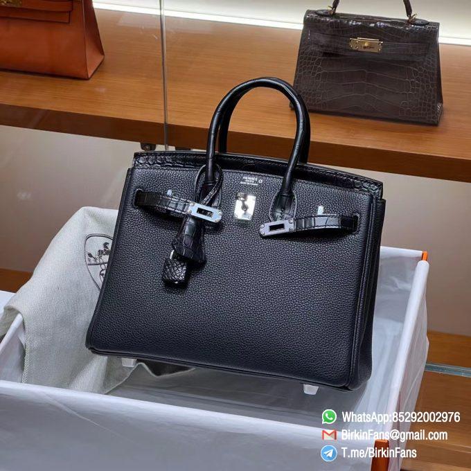 High Clone Birkin Handbag 25cm Black Nior 89 Togo Leather Silver Plaque 08