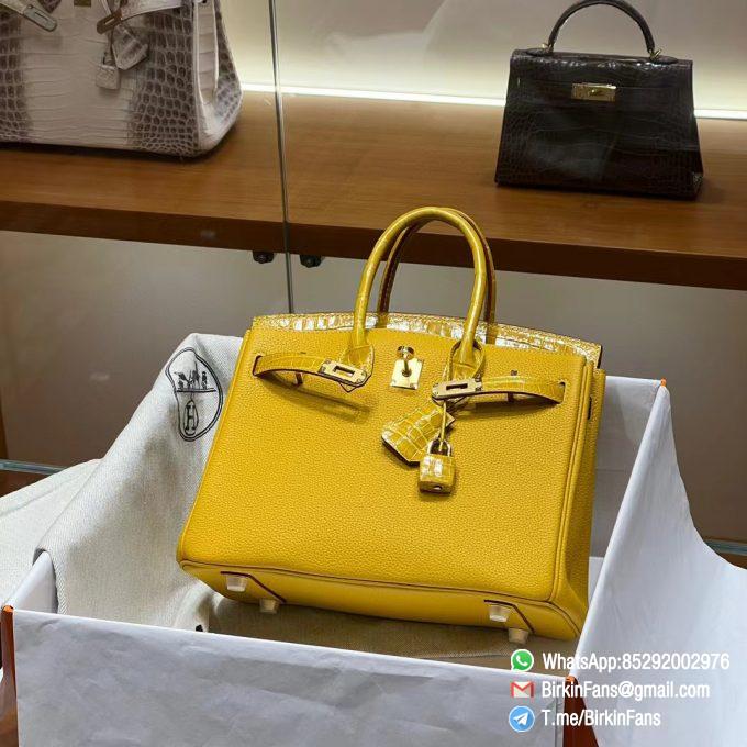 Premium Quality Clone Birkin Handbag 25cm Amber Yellow Togo Leather Gold Plaque 01