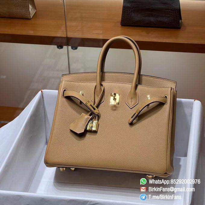 Premium Quality Clone Birkin Handbag 25cm Tabac Camel Togo Leather Gold Plaque 01