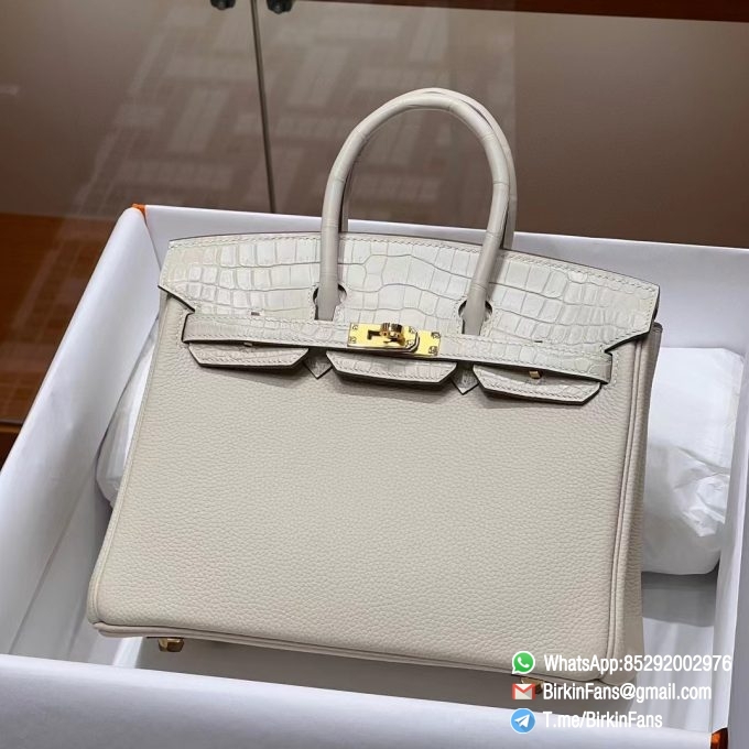 Best Clone Hermes Birkin Touch Bag 25cm Craie 10 Togo Leather Croco Skin Flap Gold Hardware