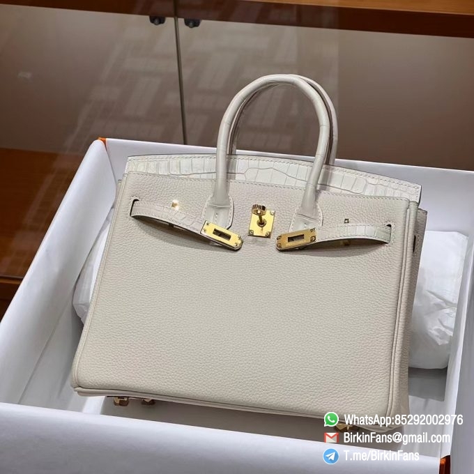 Best Clone Hermes Birkin Touch Bag 25cm Craie 10 Togo Leather Croco Skin Flap Gold Hardware 3