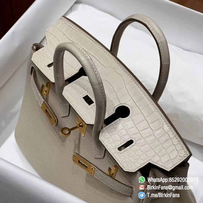 Best Clone Hermes Birkin Touch Bag 25cm Craie 10 Togo Leather Croco Skin Flap Gold Hardware 4