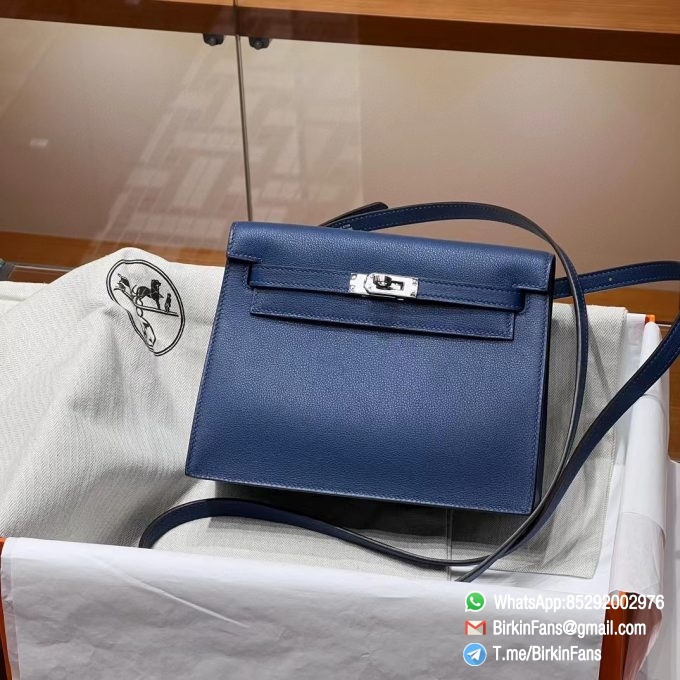 High Quality Replica Hermes Kelly Dance Bag Blue Agate Evercolor Leather Silver Hardware