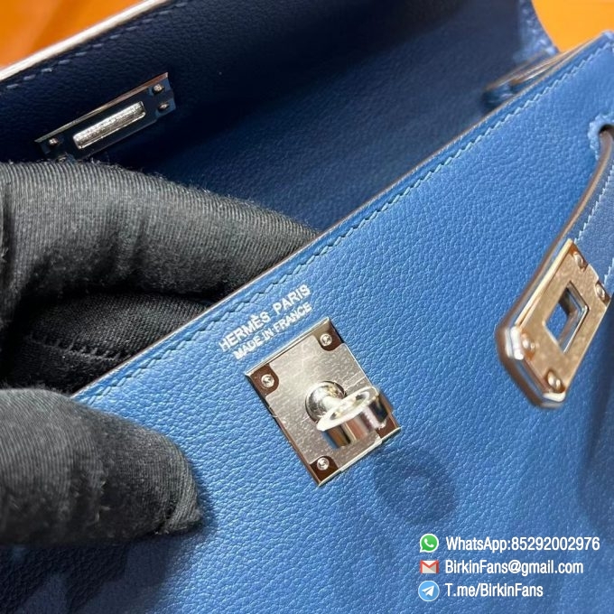 High Quality Replica Hermes Kelly Dance Bag Blue Agate Evercolor Leather Silver Hardware 4