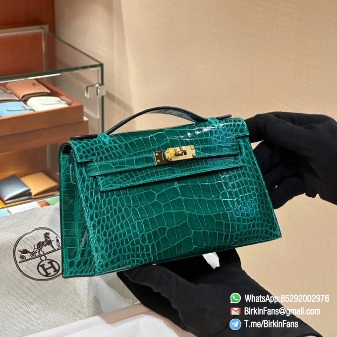 High Quality Replica Hermes Kelly Mini Bag Emeraude 6Q Alligator Crocodile Leather GHW 4