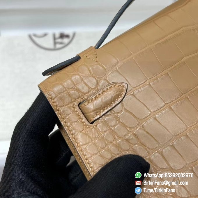 High Quality Replica Hermes Mini Kelly Bag 0M Chai Alligator Crocodile Leather Gold Hardware 06