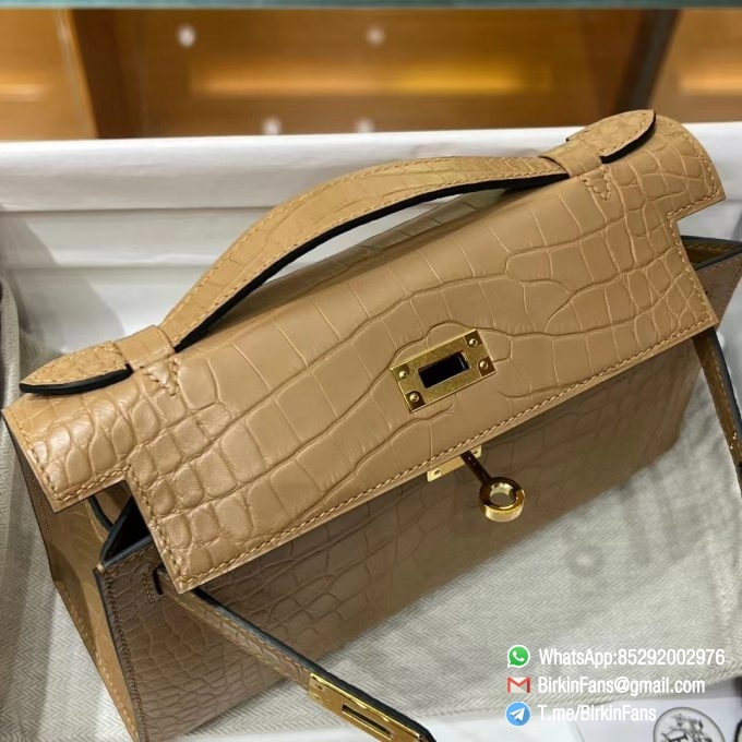 High Quality Replica Hermes Mini Kelly Bag 0M Chai Alligator Crocodile Leather Gold Hardware 08