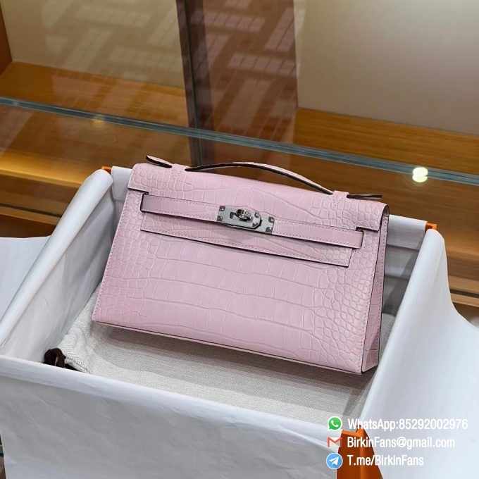 High Quality Replica Mini Kelly Bag 09 Mauve Pale Alligator Crocodile Leather Silver Hardware 00