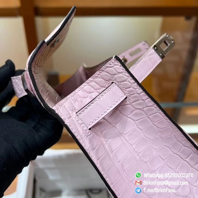 High Quality Replica Mini Kelly Bag 09 Mauve Pale Alligator Crocodile Leather Silver Hardware 09