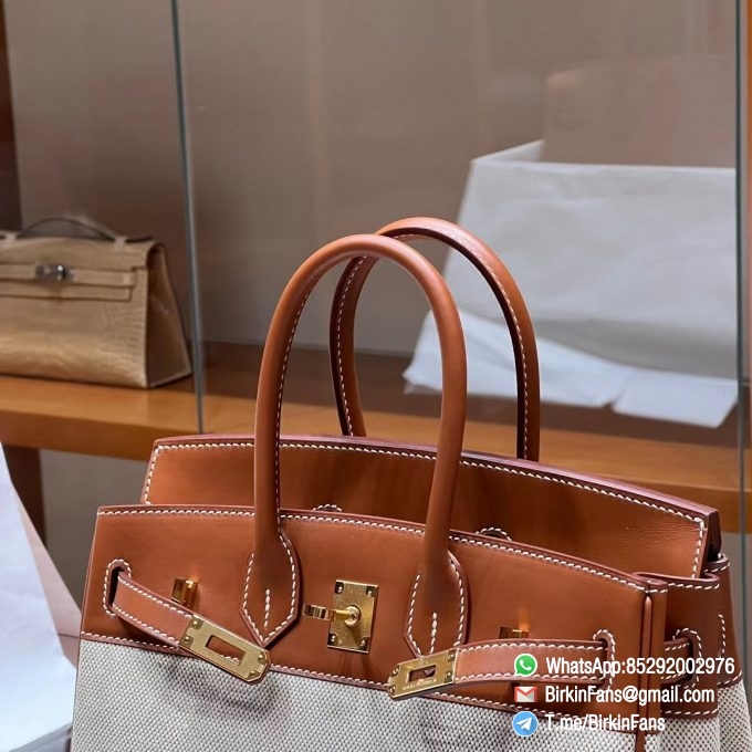 High Quality Twill Canvas Birkin 25 Tote Brown Barenia Flap Gold Plaque 4