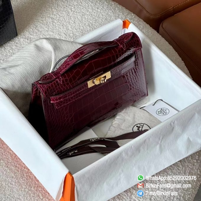 Best Rep Hermes Bags Mini Kelly Bag Bordeaux 57 Alligator Crocodile Leather Gold Hardware 2