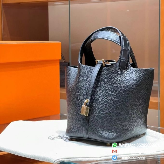 Premium Hermes Picotin Lock Bag 18cm Black Nior 89 Clemence with Crocodile Leather Handle Silver Hardware