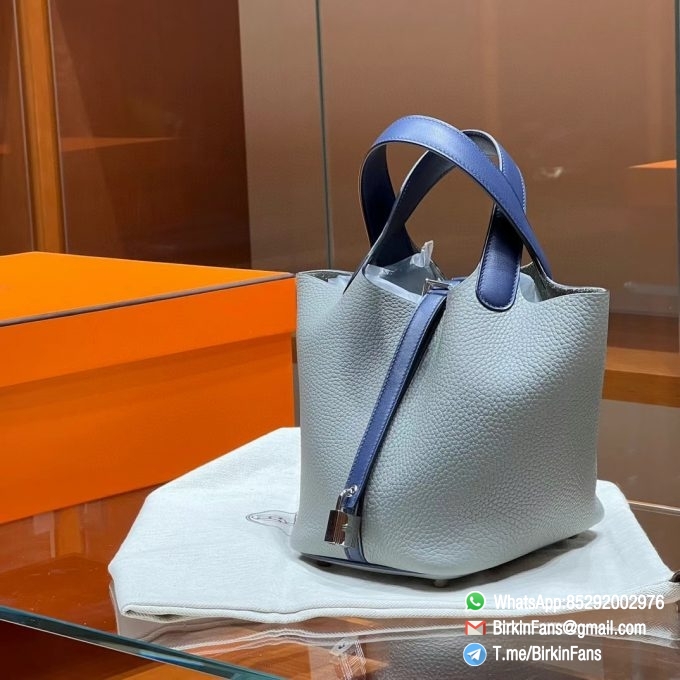 Premium Replica Hermes Bags Picotin Lock Bag 18cm Gris mouette 4Z Clemence Leather with Blue Handle Silver Hardware